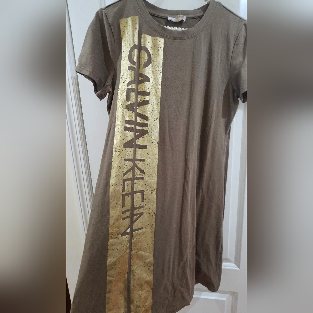 Calvin Klein Brown T-Shirt Dress with Gold Accent